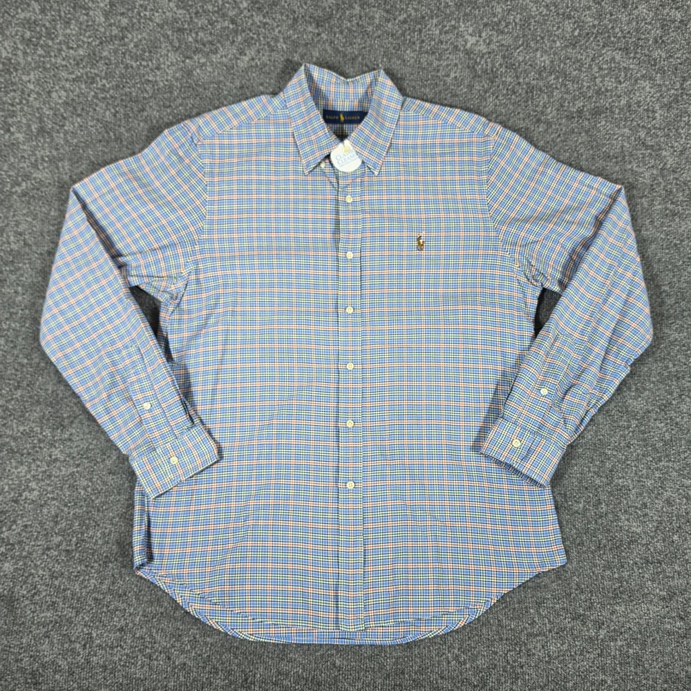 Ralph Lauren Mens Large Blue Orange Green Plaid Long Sleeve Shirt Flesh Pony